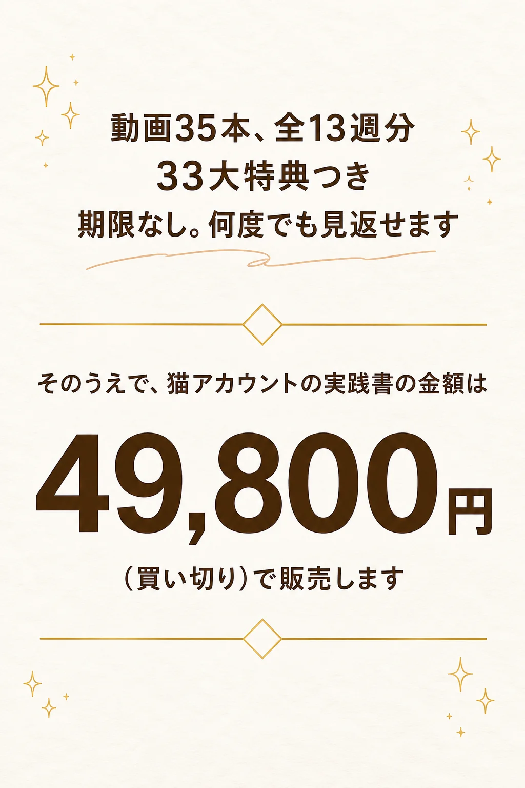 動画35本、全13週分、33大特典つき。49,800円（買い切り）で販売します